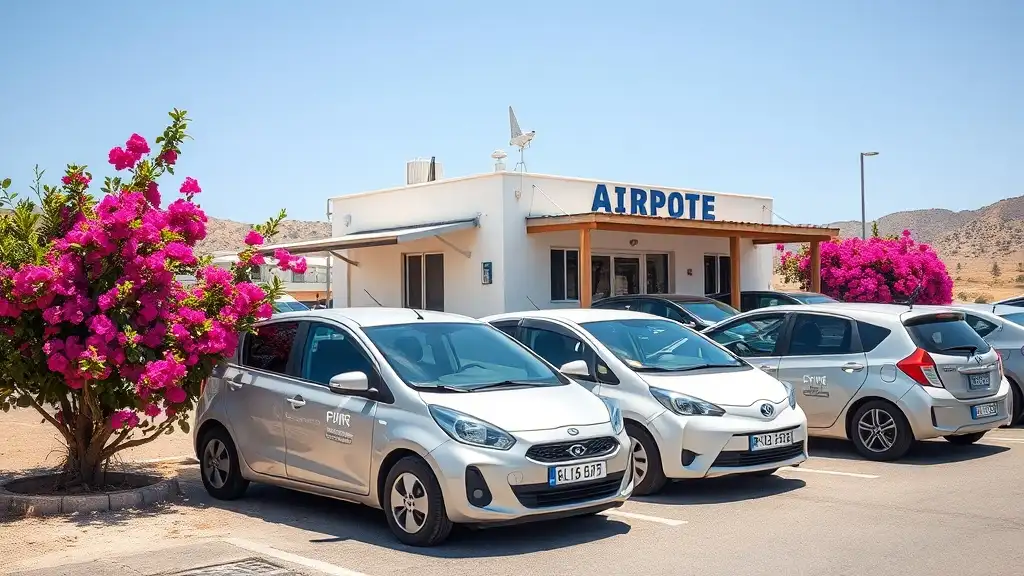 Paros Airport terminal exterior with rental cars in the foreground