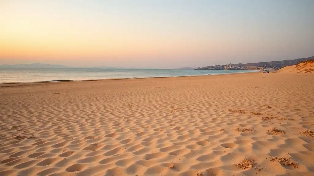 Golden Beach Paros at sunrise with a parked car visible
